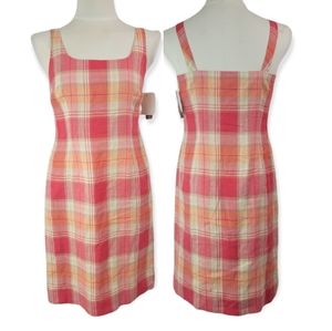 JONES NEW YORK PINK PLAID MIDI 100 % LINEN DRESS SZ 8